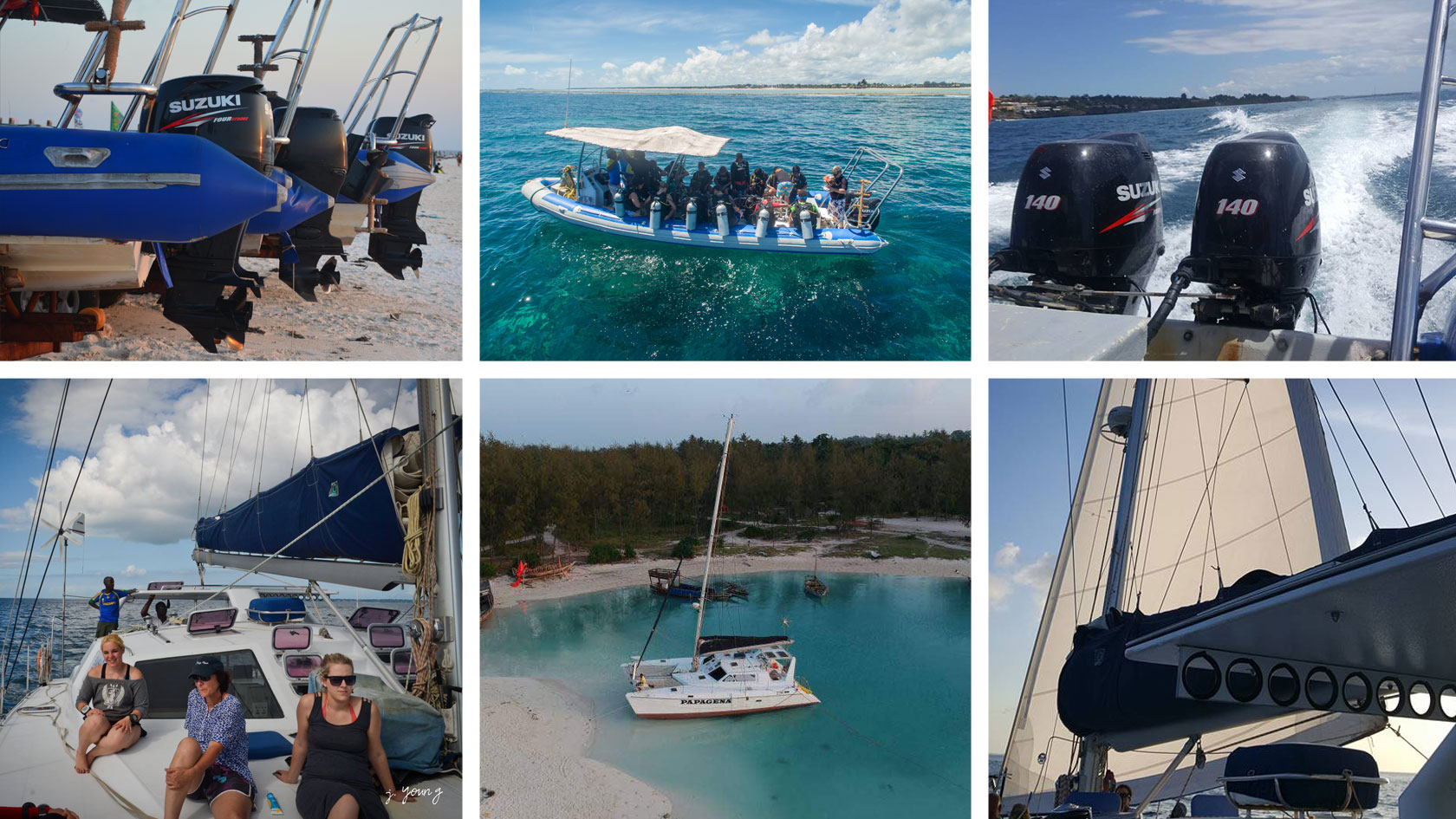 Collage of photos of our boats including drone photo of yacht