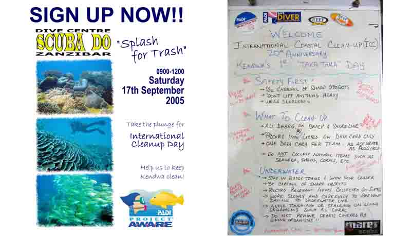 Our Advertising poster and whiteboard with instructions for our first beach and underwater cleanup in 2005