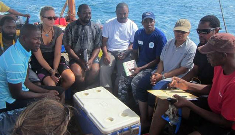 Workshop participants on boat preparing for coral reef monitoring practical exercise