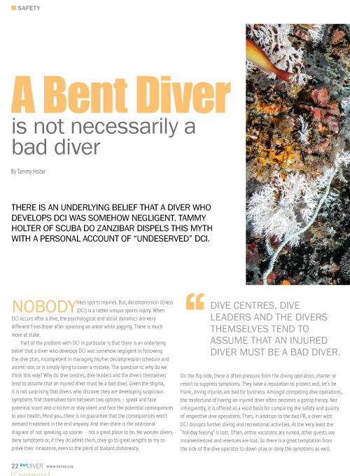 Image of the front cover of the DAN Southern Africa Article entitled A bent diver is not necessarily a bad diver written by Tammy Holter of Scuba Do Zanzibar