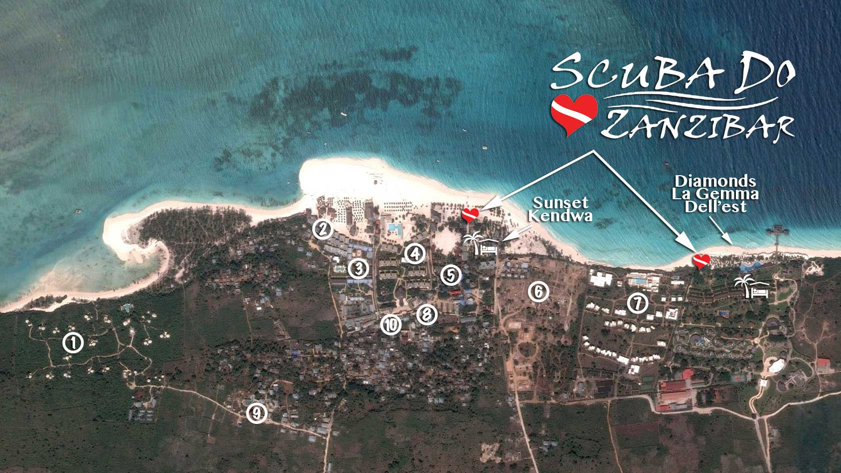 Map of Kendwa Beach highlighting all accommodation options with reference to our divebase locations - numbers coorespond to the properties pictured below