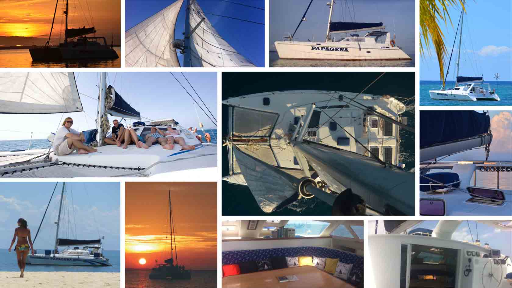 Collage of Yacht Papagena Pictures showing inside and people having fun sailing with stunning images of the sunset