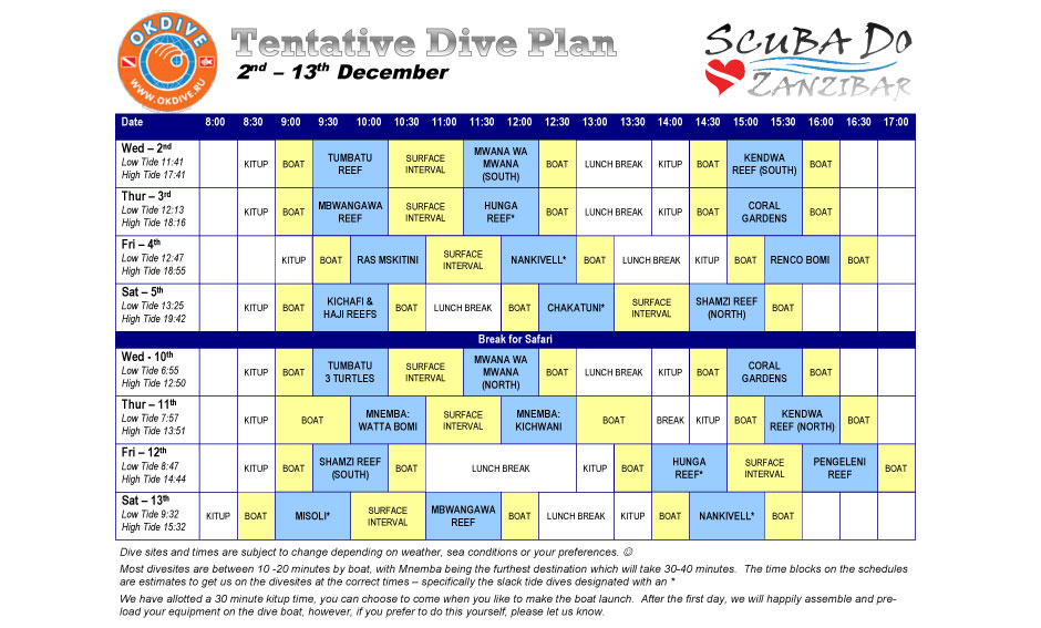 Tentative Schedule for a dive club from USA