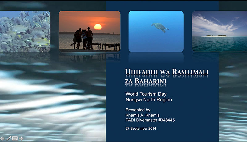 Front page of Scuba Do Zanzibar's presentation in Swahili for World Tourism Day presentation in Nungwi, Zanzibar